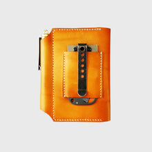 Load image into Gallery viewer, Tan leather wallet white stitching, knife loop, knife, pen, image