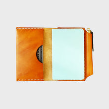 Load image into Gallery viewer, Tan leather wallet with white stitching, journal, pen, image
