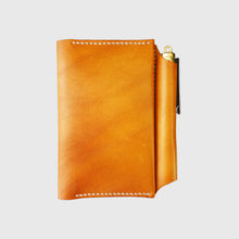 Load image into Gallery viewer, Tan leather wallet white stitching, pen, image
