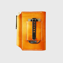 Load image into Gallery viewer, Tan leather wallet white stitching, knife loop, knife, pen, image
