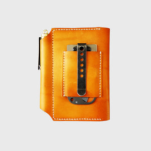 Tan leather wallet white stitching, knife loop, knife, pen, image